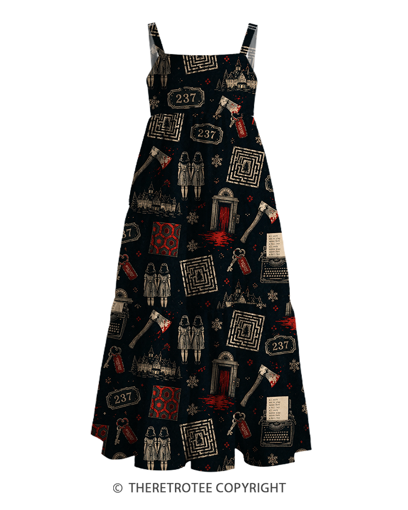 TheRetroTee Vintage Horror Haunted Hotel Dark Graphic Strappy Maxi Dress
