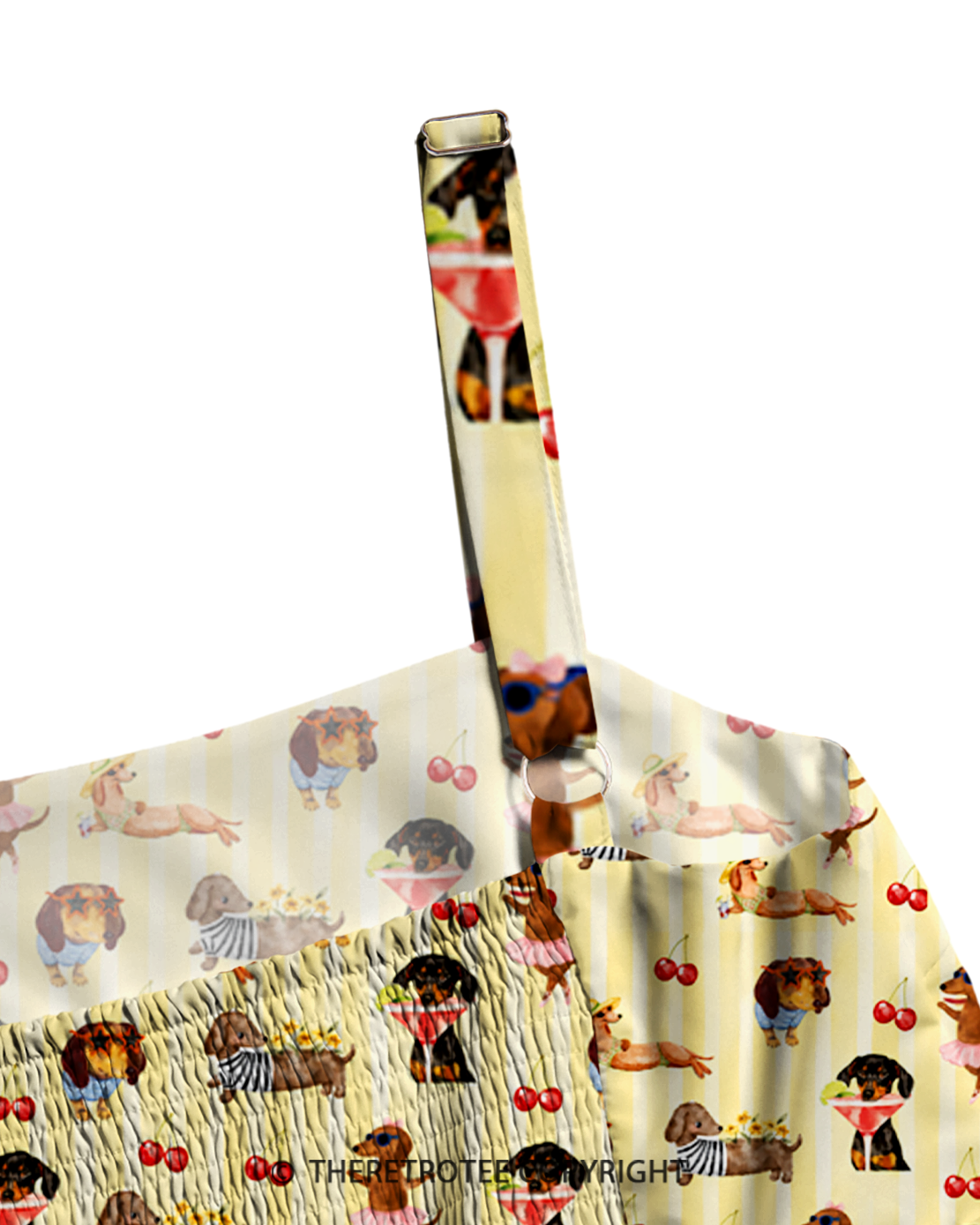 TheRetroTee Cherry Picnic Dachshund 1970s Strappy Maxi Dress