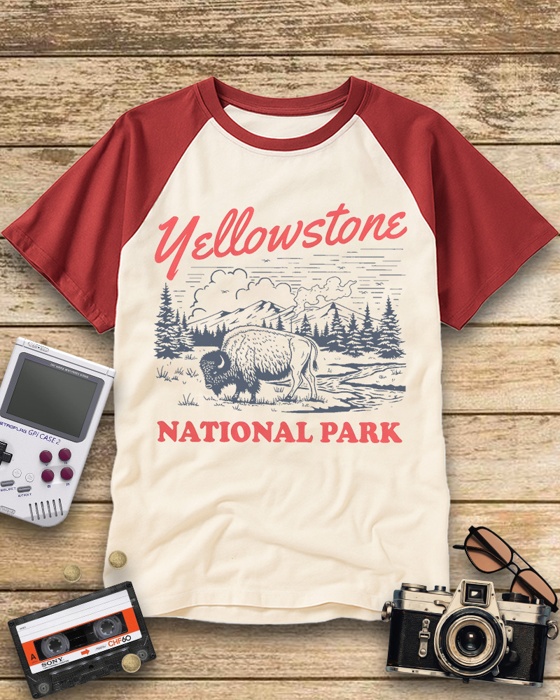 TheRetroTee Yellowstone National Park 1870s Raglan Baseball T-Shirt