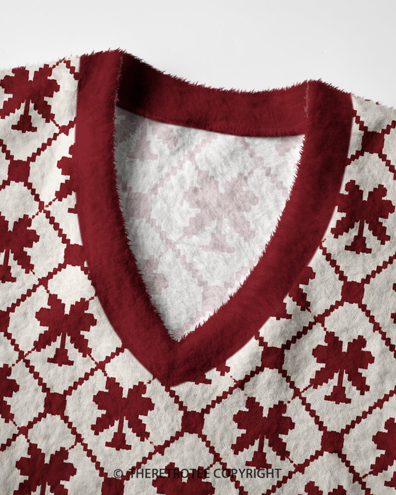 TheRetroTee Vintage 1970s Crimson Clover Lattice V-Neck Sweater Vest
