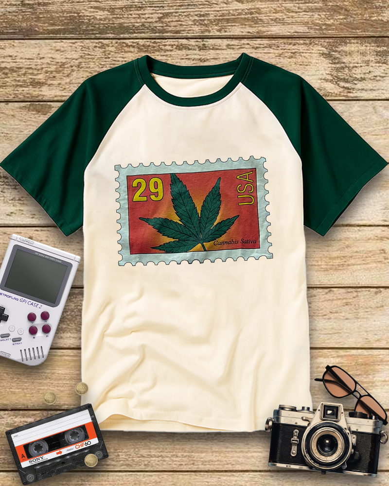 TheRetroTee Vintage 1993 Sativa Cannabis Postal Stamp Nostalgic Raglan Baseball T-Shirt
