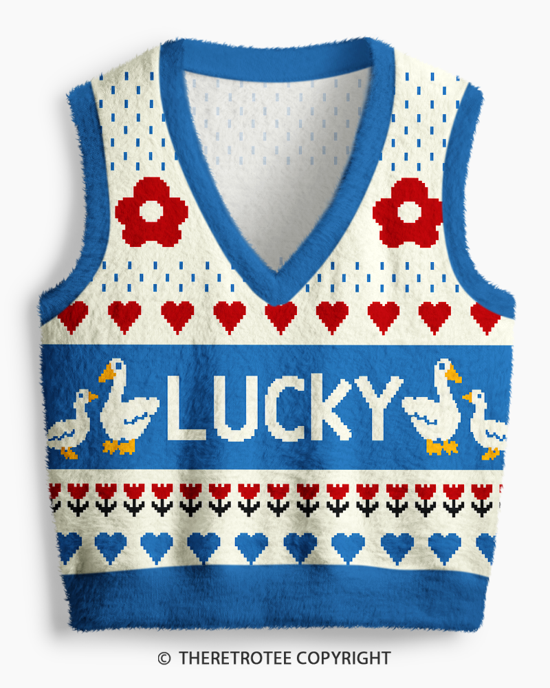 TheRetroTee Vintage 1980s Blue Lucky Goose Fair Isle V-Neck Sweater Vest