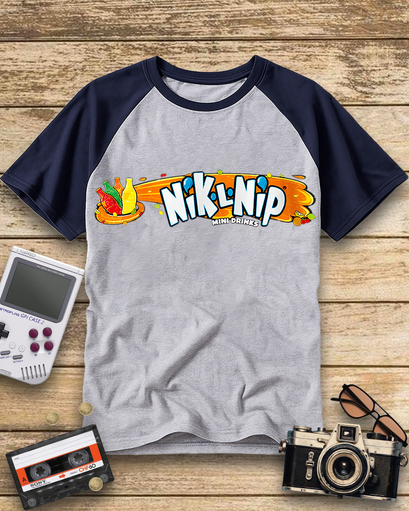 TheRetroTee NIK-L-NIP Crop Top Candy Wax Bottle Brand Logo Raglan Baseball T-Shirt