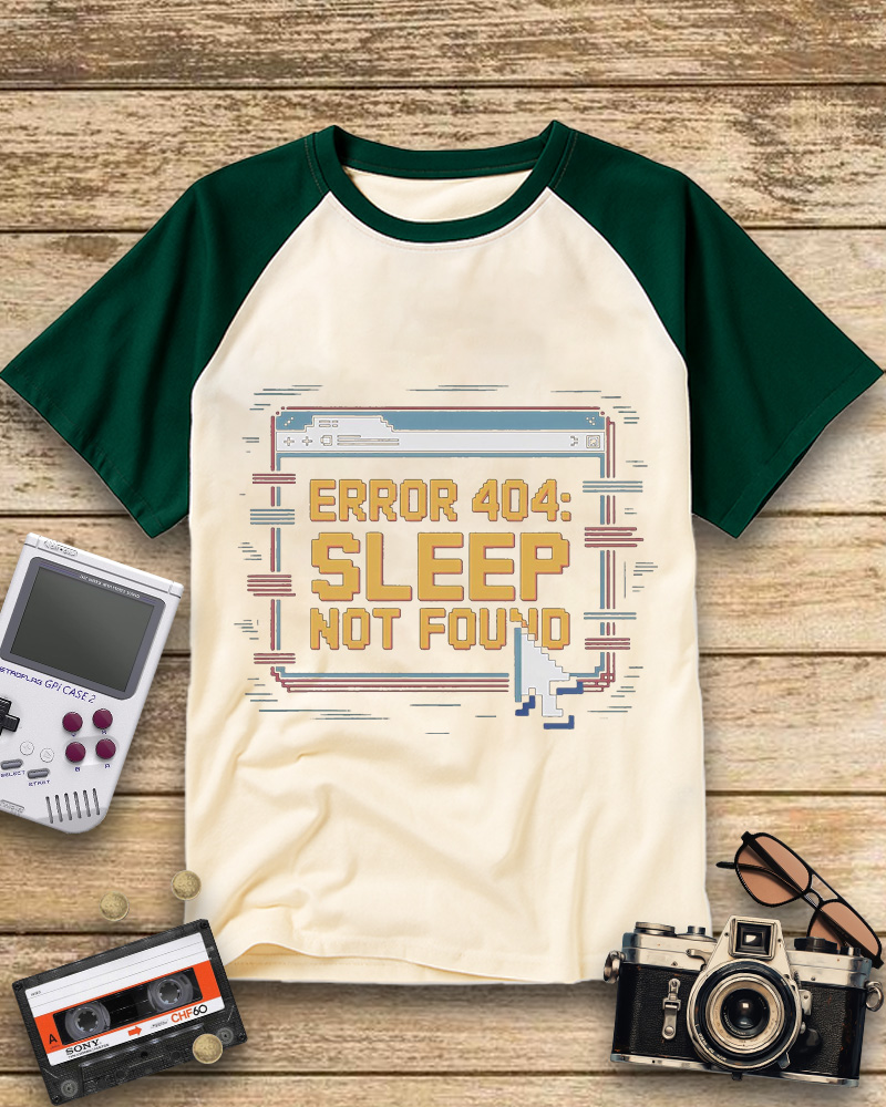TheRetroTee Pixel Graphic Error 404 Sleep Not Found 1990s Raglan Baseball T-Shirt