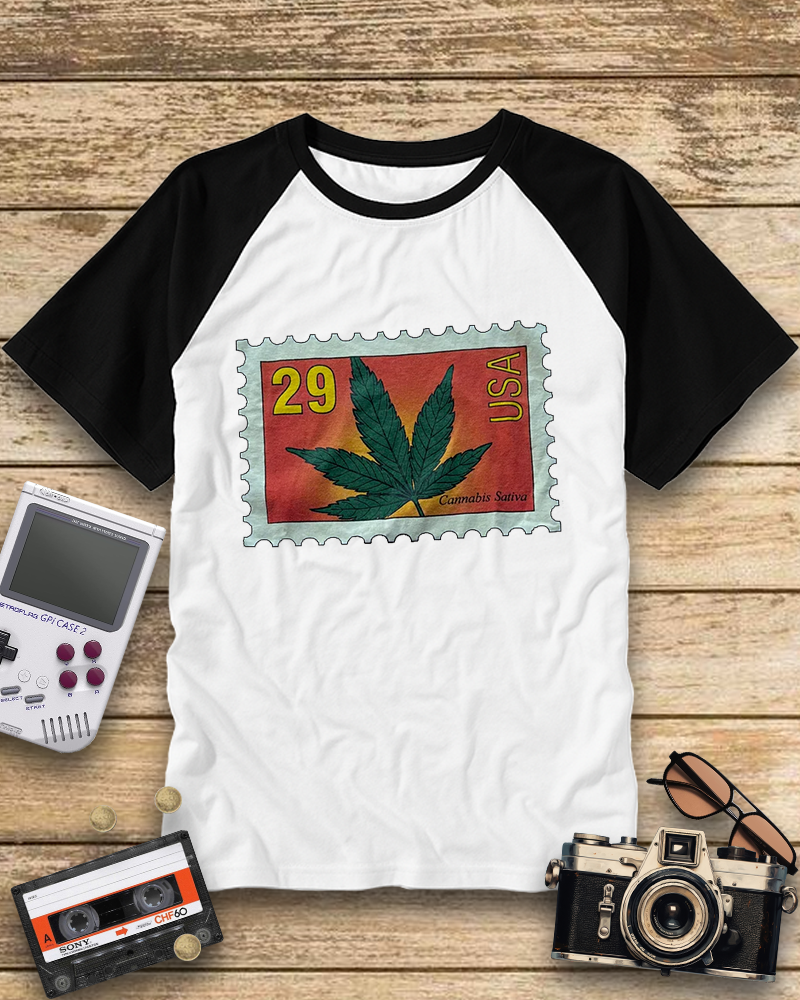TheRetroTee Vintage 1993 Sativa Cannabis Postal Stamp Nostalgic Raglan Baseball T-Shirt
