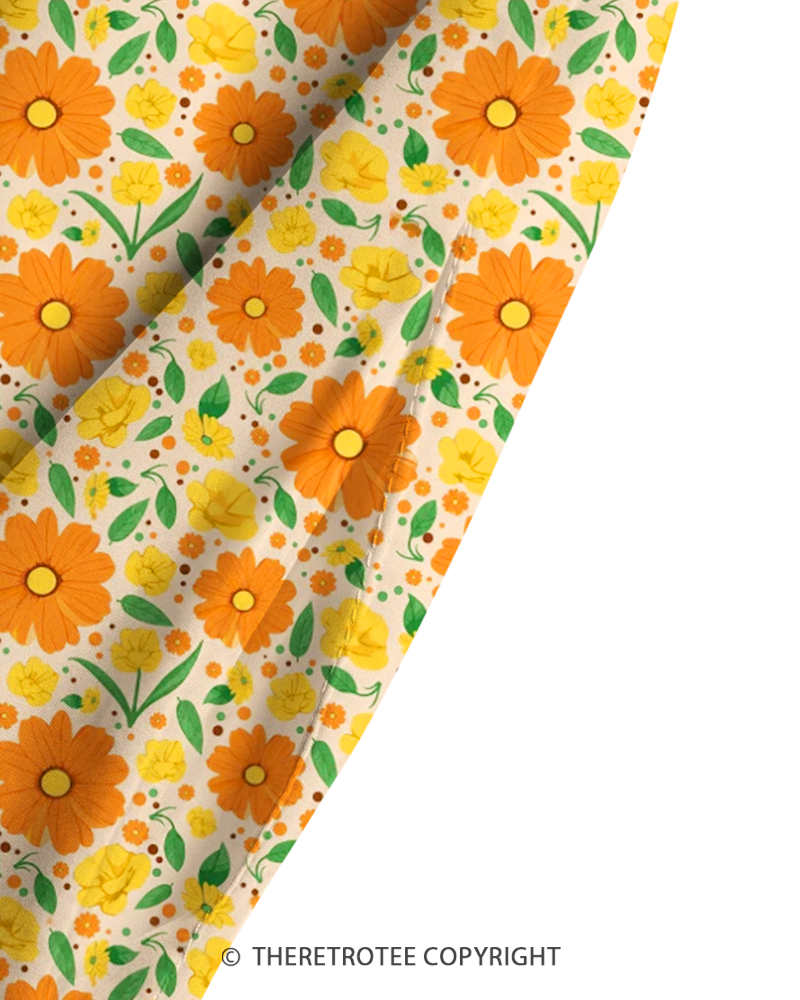 TheRetroTee 1970s Retro Groovy Orange Daisy Floral Boho Strappy Maxi Dress