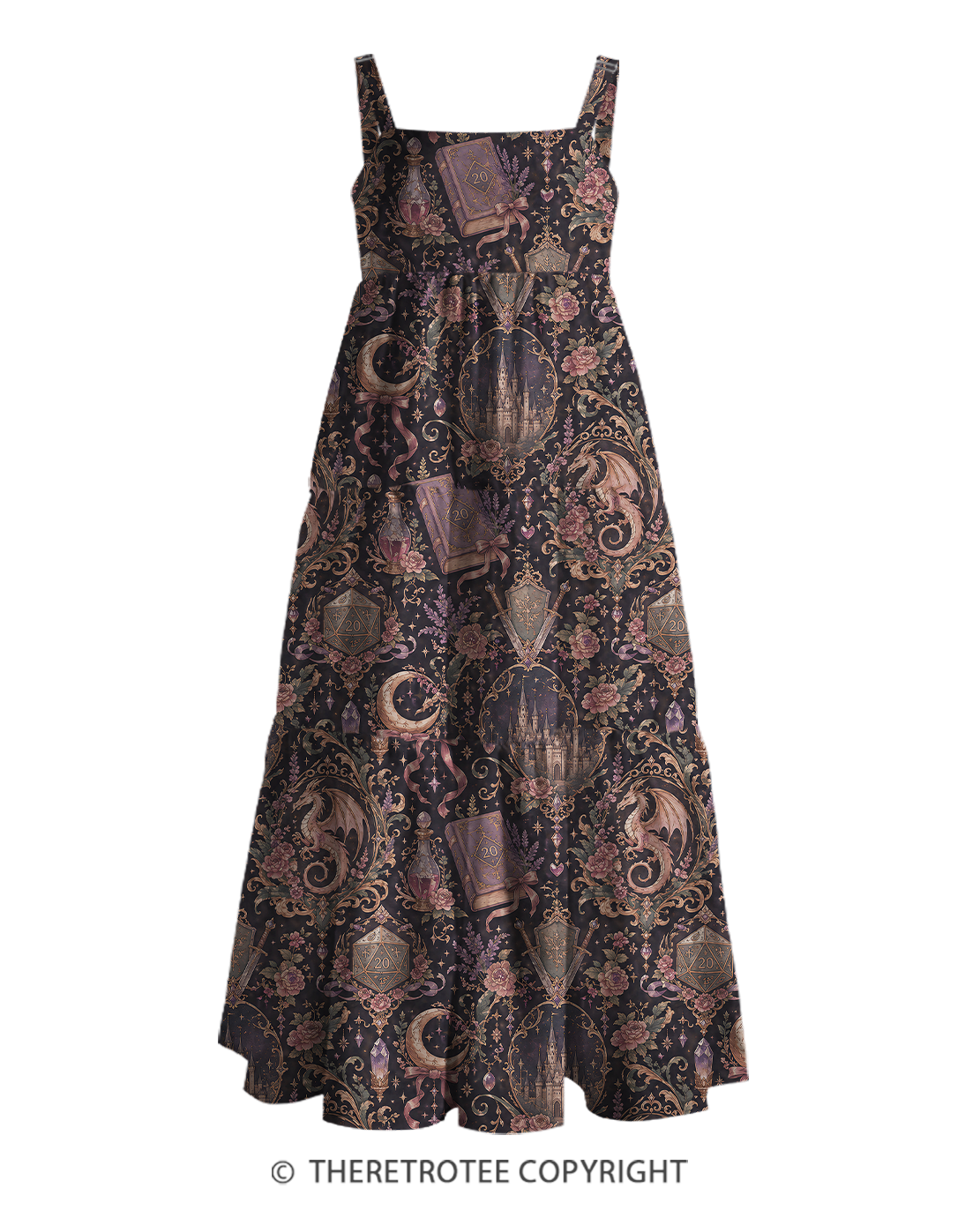 TheRetroTee 1970s Vintage Fantasy Gothic Dragon Castle Floral Strappy Maxi Dress