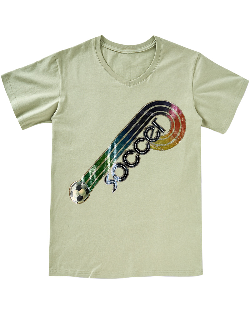 TheRetroTee 70s-80s Rainbow Glitter Soccer Iron V-neck T-Shirt