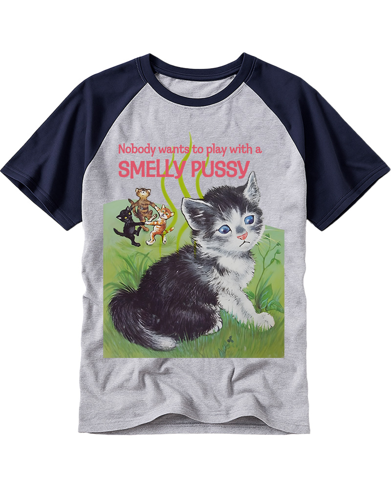 TheRetroTee Nobody Wants to Play with a Smelly Pussy 1950s Raglan Baseball T-Shirt