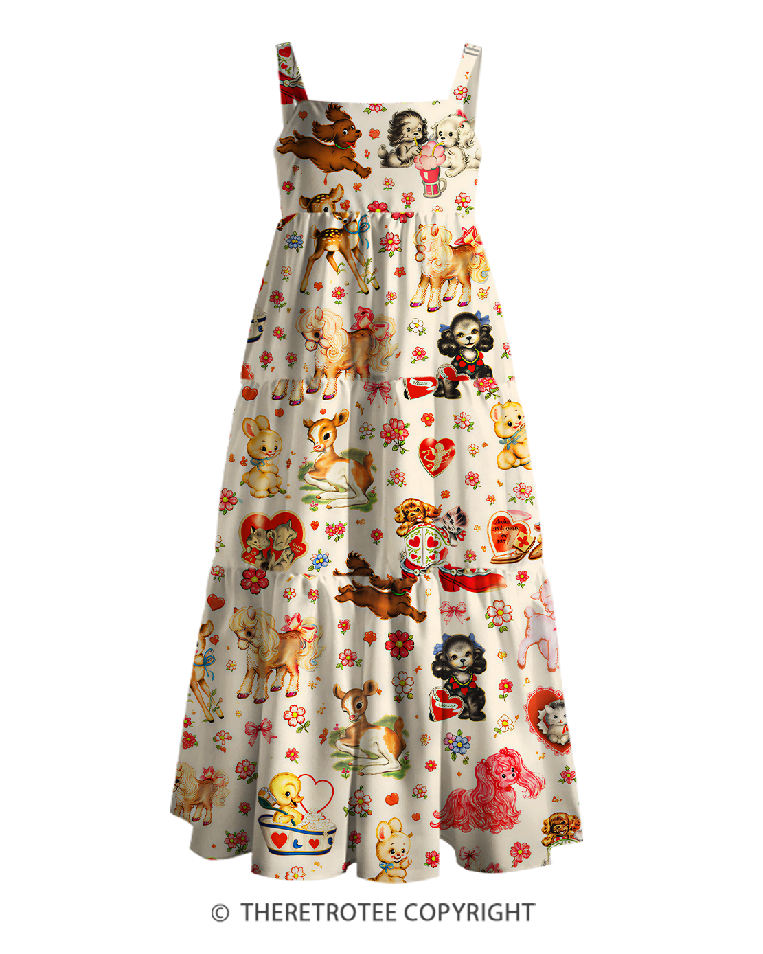 TheRetroTee 1950s Vintage Cute Kitsch Animal Collage Print Strappy Maxi Dress