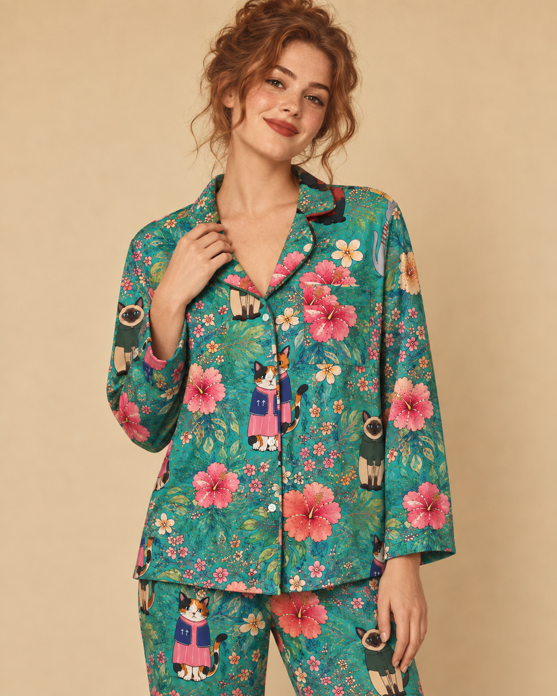 TheRetroTee Tropical Cat Floral Vintage Pajama Set