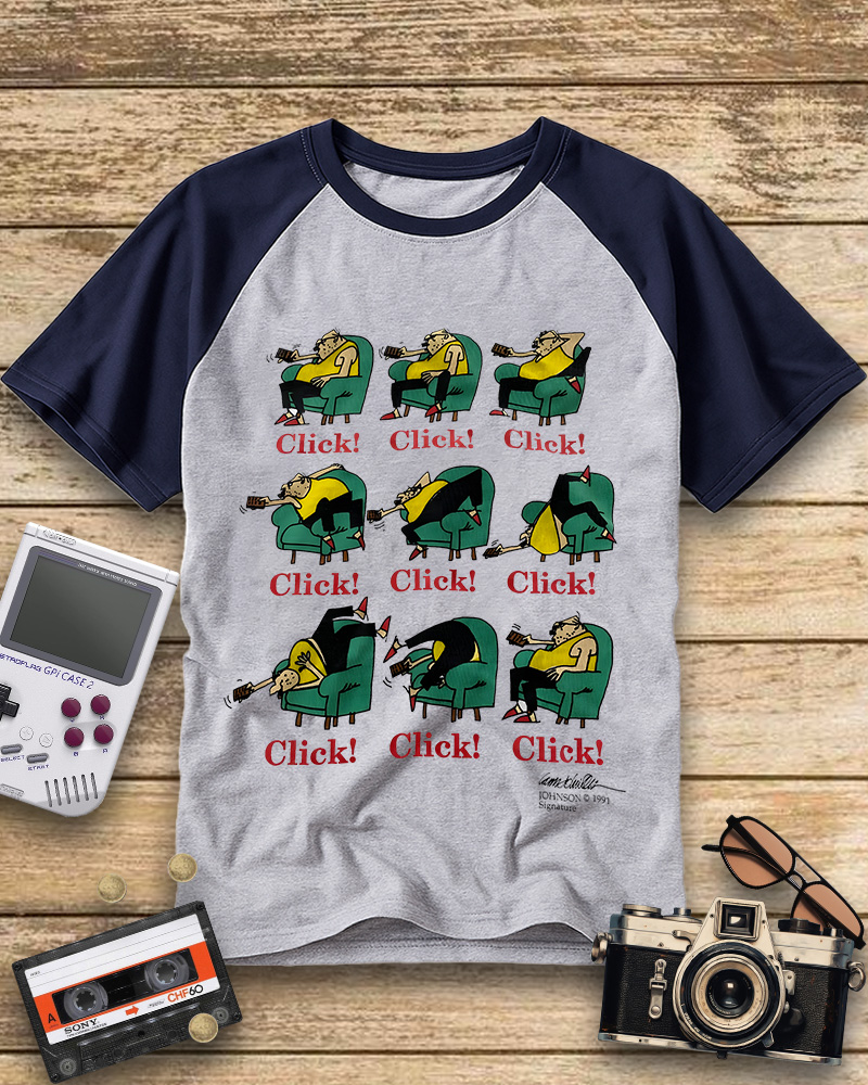 TheRetroTee 1990s Johnson Signature Click Cartoon Raglan Baseball T-Shirt