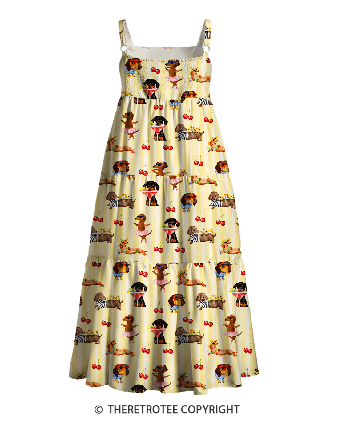 TheRetroTee Cherry Picnic Dachshund 1970s Strappy Maxi Dress