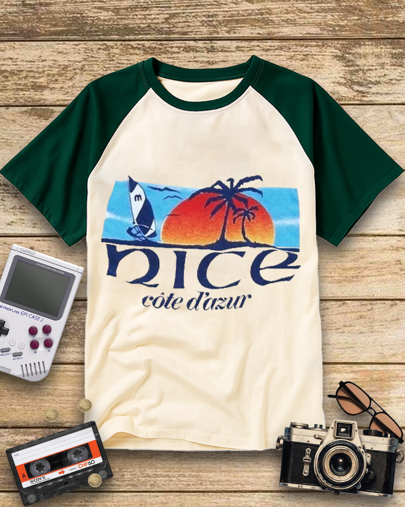 TheRetroTee Vintage Sunset on the French Riviera Raglan Baseball T-Shirt