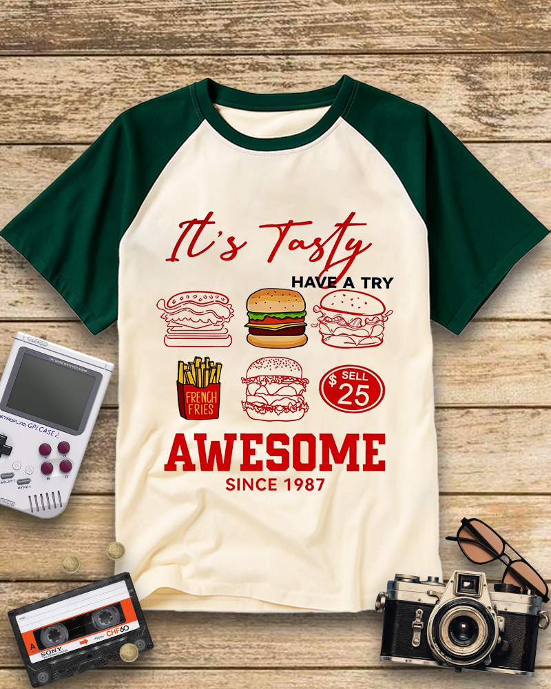 TheRetroTee Hamburger 1980s Raglan Baseball T-Shirt