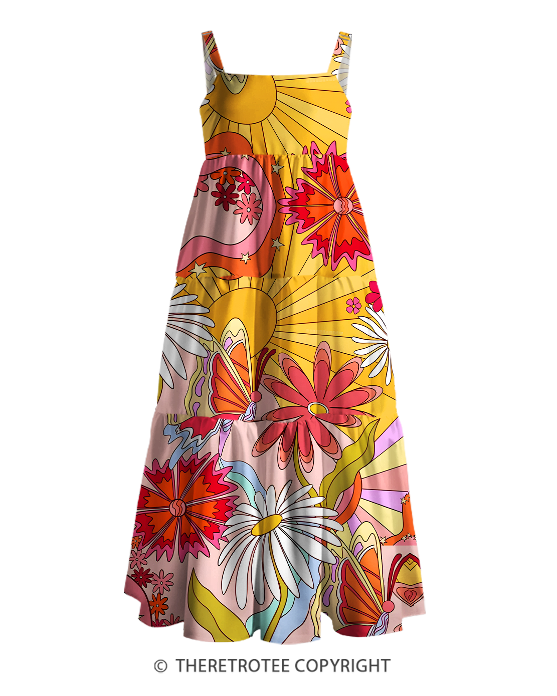 TheRetroTee 1970s Retro Groovy Sunflower Psychedelic Floral Strappy Maxi Dress