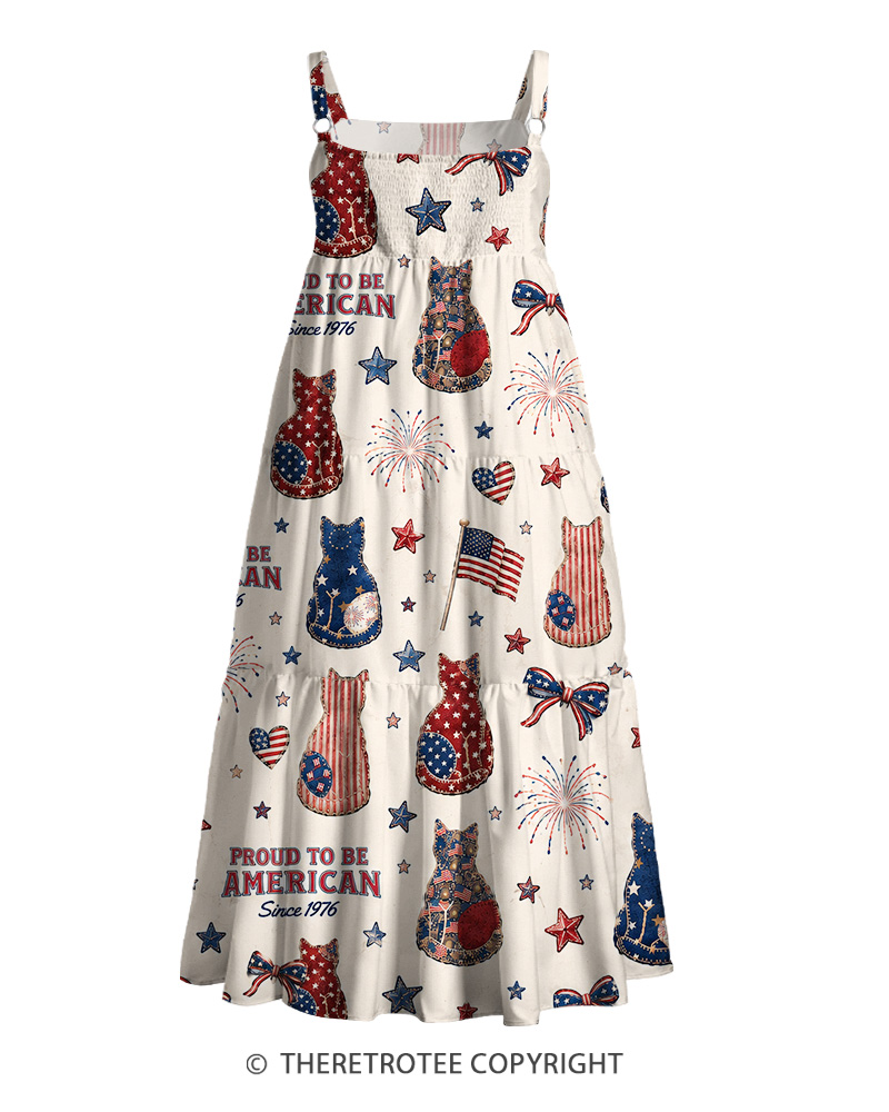 TheRetroTee Stars & Stripes Cat Parade 1970s Strappy Maxi Dress
