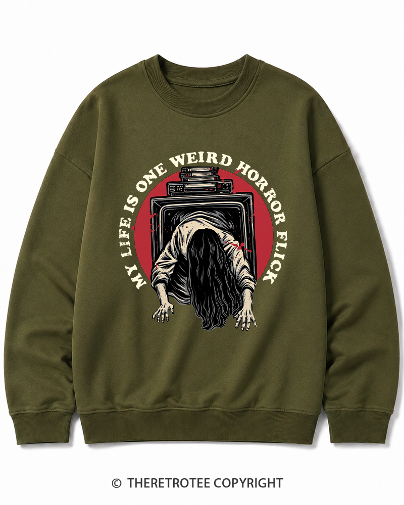 TheRetroTee My Life Is One Weird Horror Flick 1980s Halloween Cotton Sweatshirt
