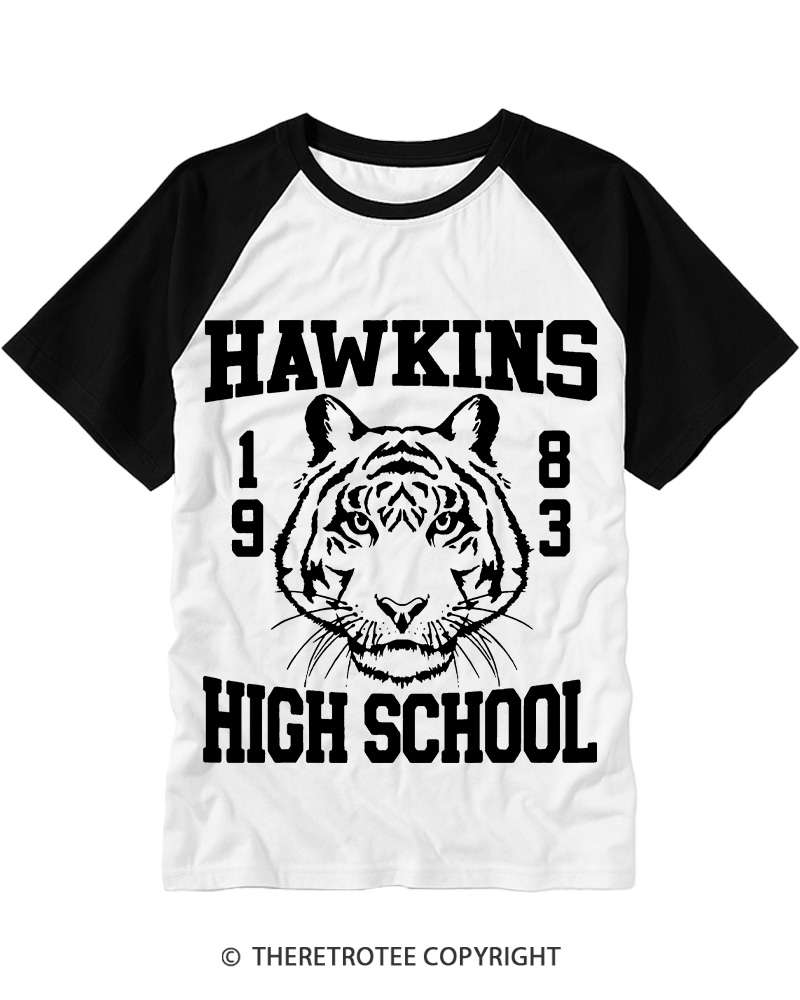 TheRetroTee Hawkins High Tiger 1980s Raglan Baseball T-Shirt