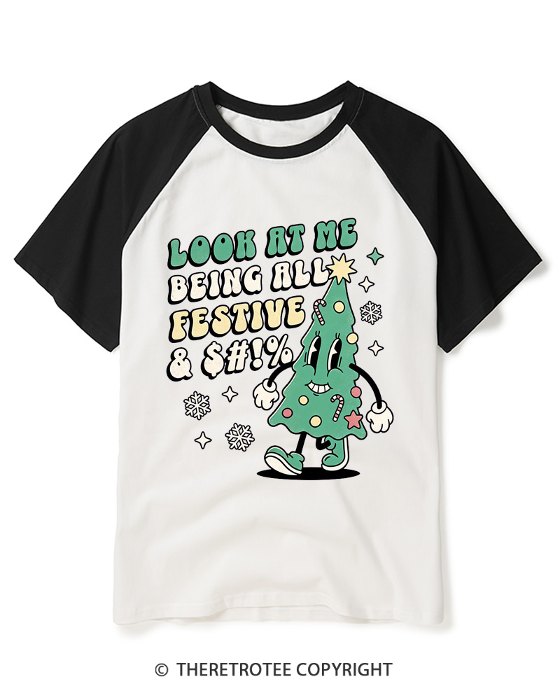 TheRetroTee Look At Me Being All Festive 1970s Raglan Baseball T-Shirt
