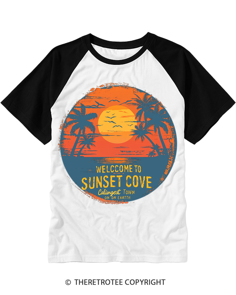 TheRetroTee Sunset Cove Escape 1980s Raglan Baseball T-Shirt
