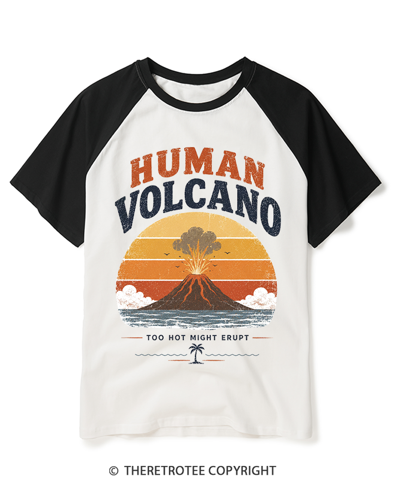 TheRetroTee Human Volcano 1970s Raglan Baseball T-Shirt