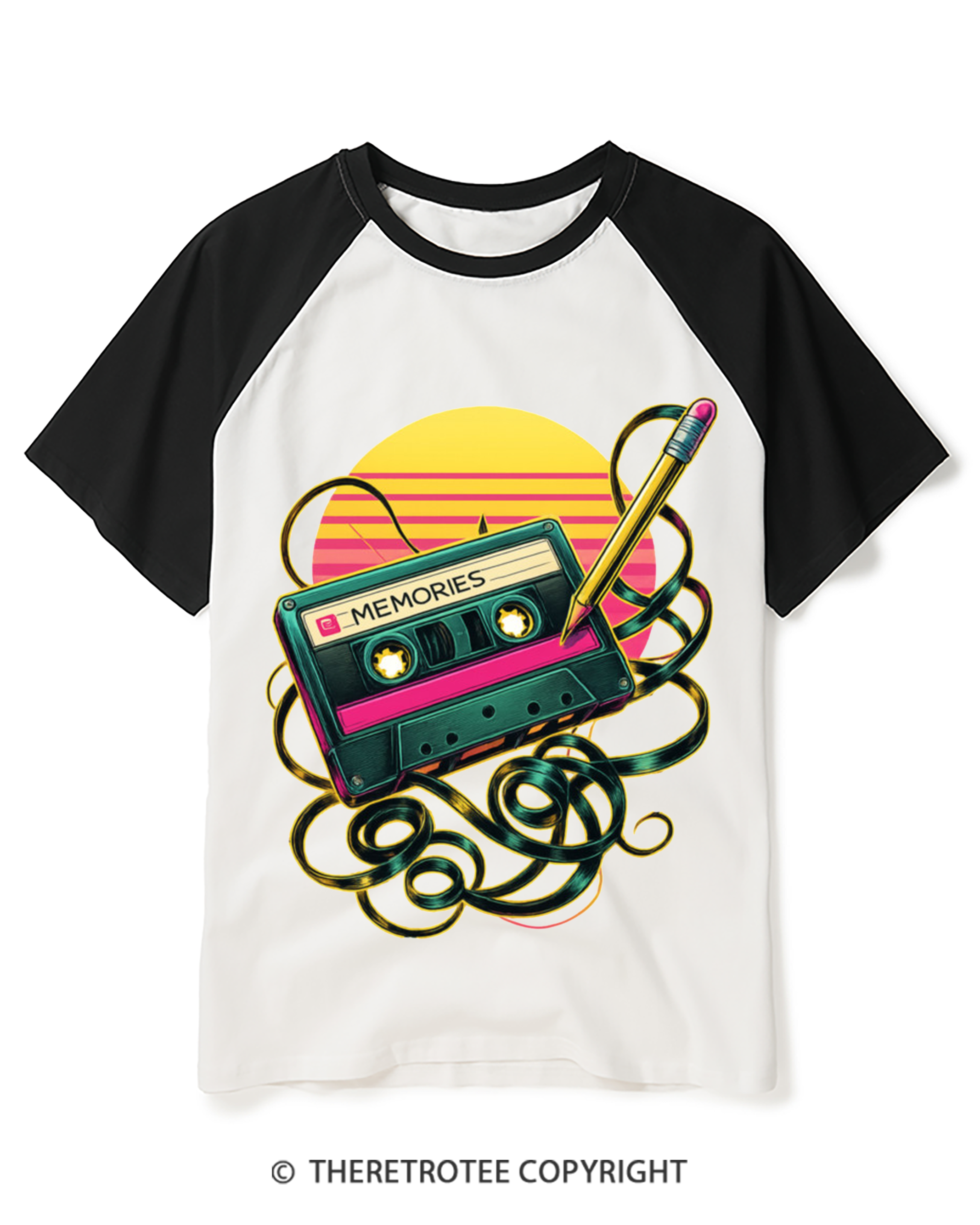 TheRetroTee Retro Cassette and Pencil Raglan Baseball T-Shirt