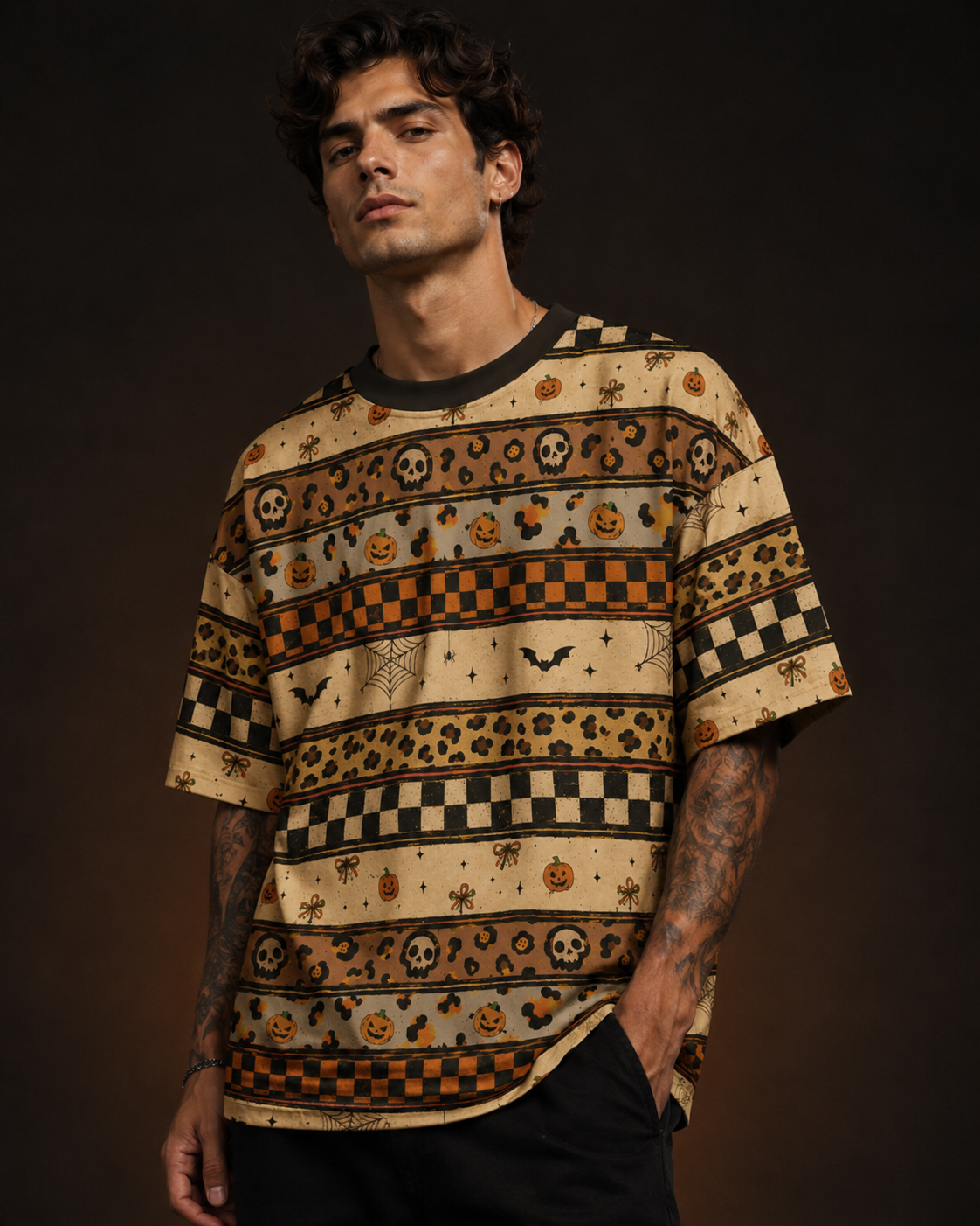 TheRetroTee Vintage Halloween Haunted Pattern Eco Oversized Striped Ringer T-Shirt