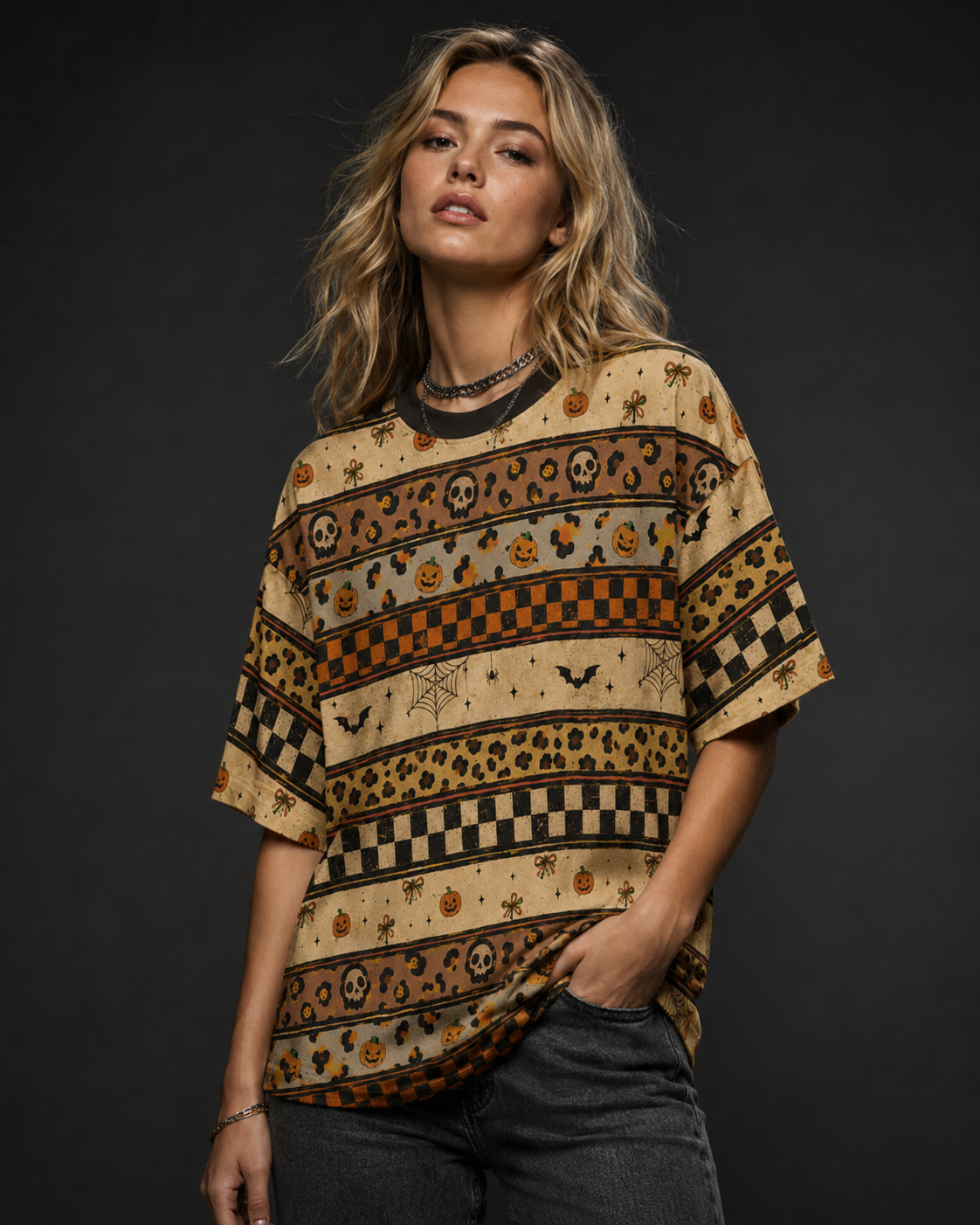 TheRetroTee Vintage Halloween Haunted Pattern Eco Oversized Striped Ringer T-Shirt