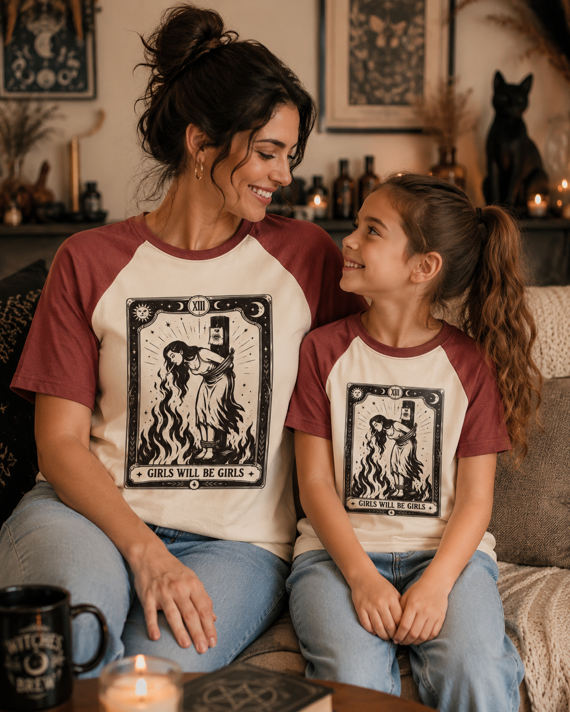 TheRetroTee Girls Will Be Girls Witch With Sigarete 1960s Halloween Raglan Baseball Family T-Shirt