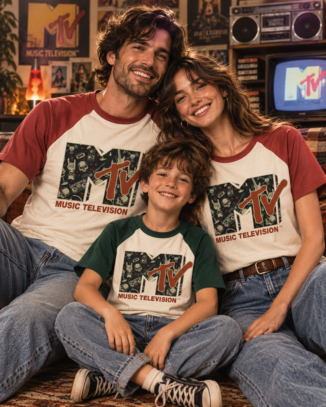 TheRetroTee Vintage Rock n Roll Skull Guitar Heavy Metal 1980s Raglan Baseball Family T-Shirt