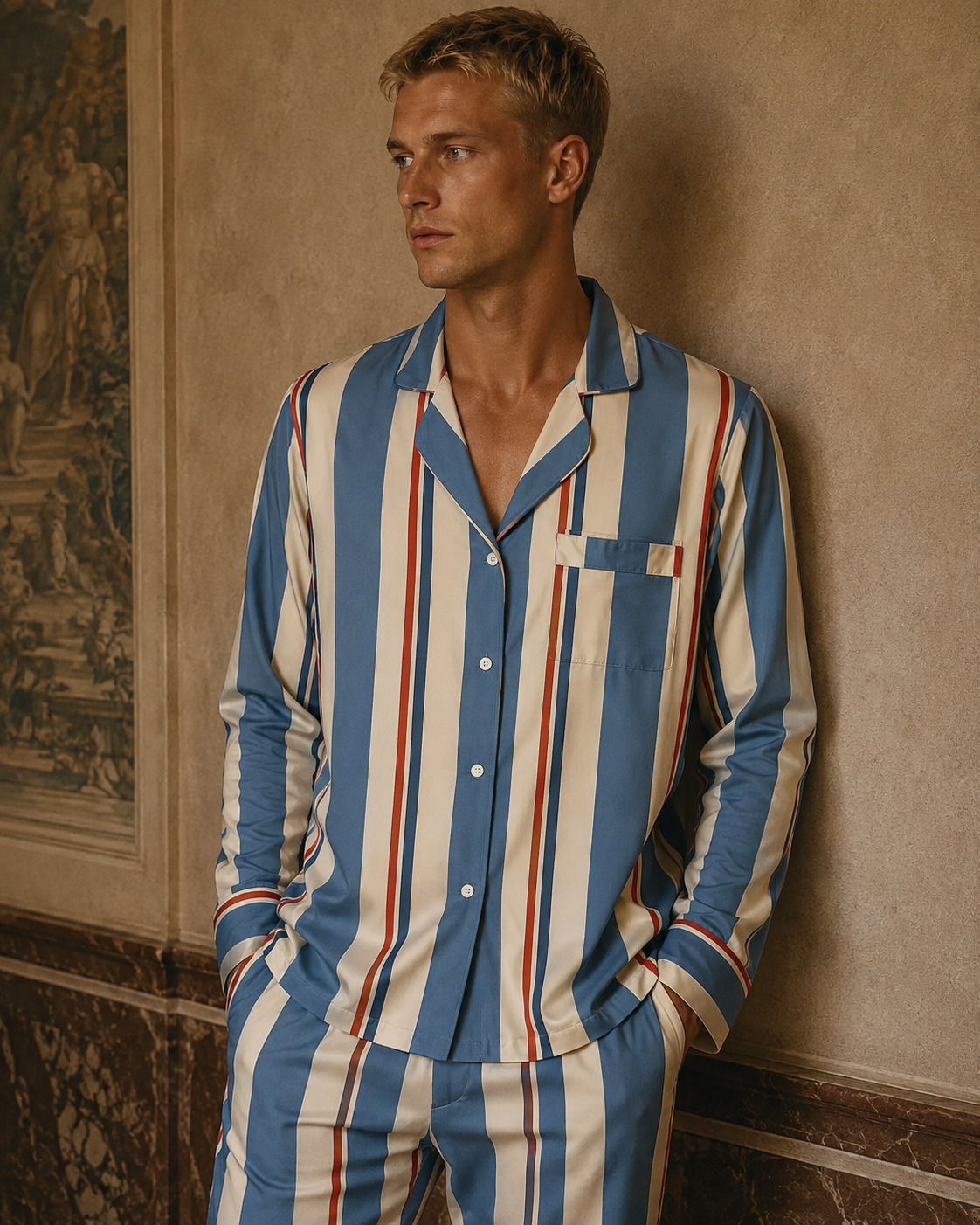 TheRetroTee Muted Blue Terracotta Stripe Vintage Pajama Set