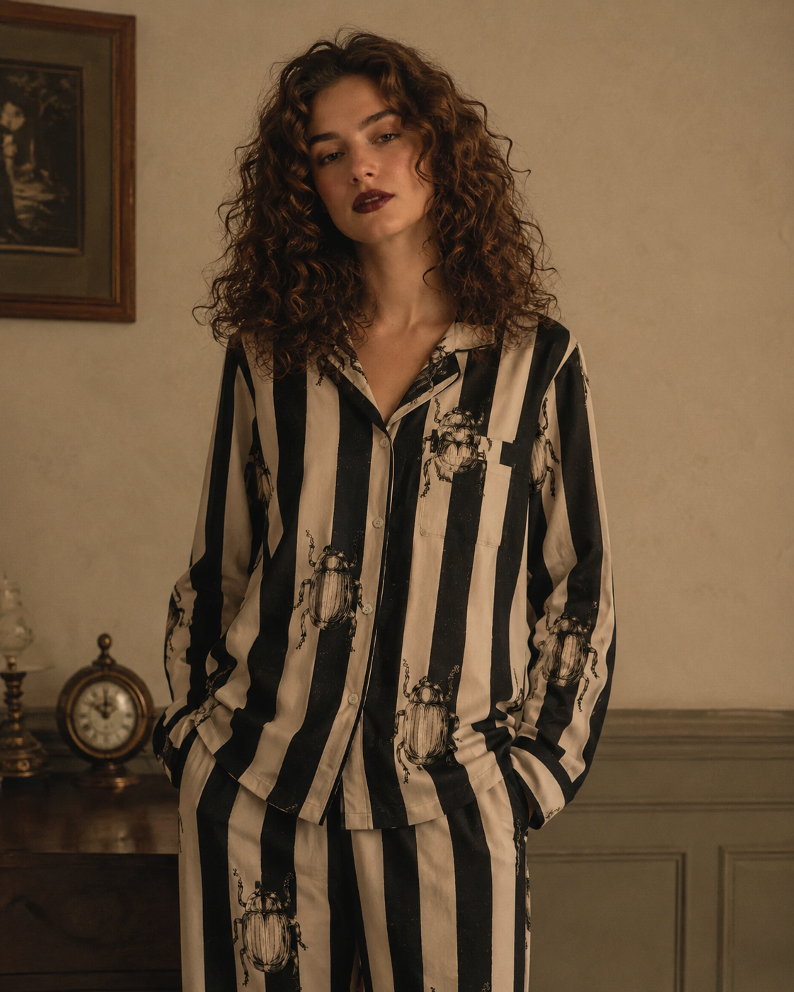 TheRetroTee Beetle Engraving Stripe Vintage Pajama Set