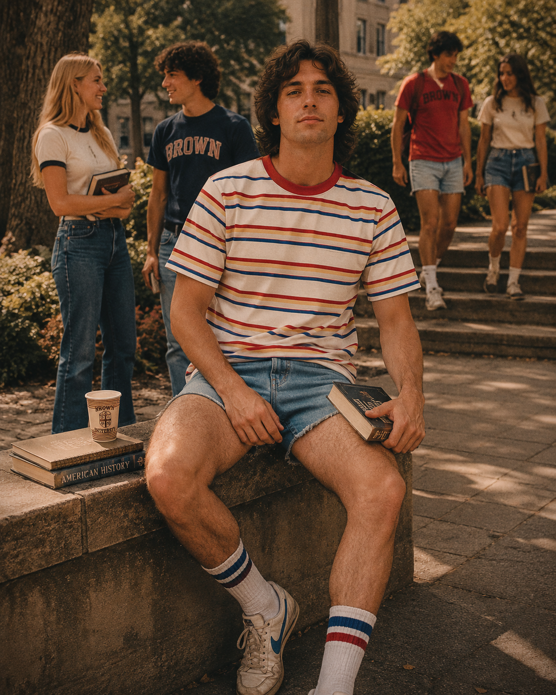 TheRetroTee 80s Retro Coastal Striped Ringer T-Shirt