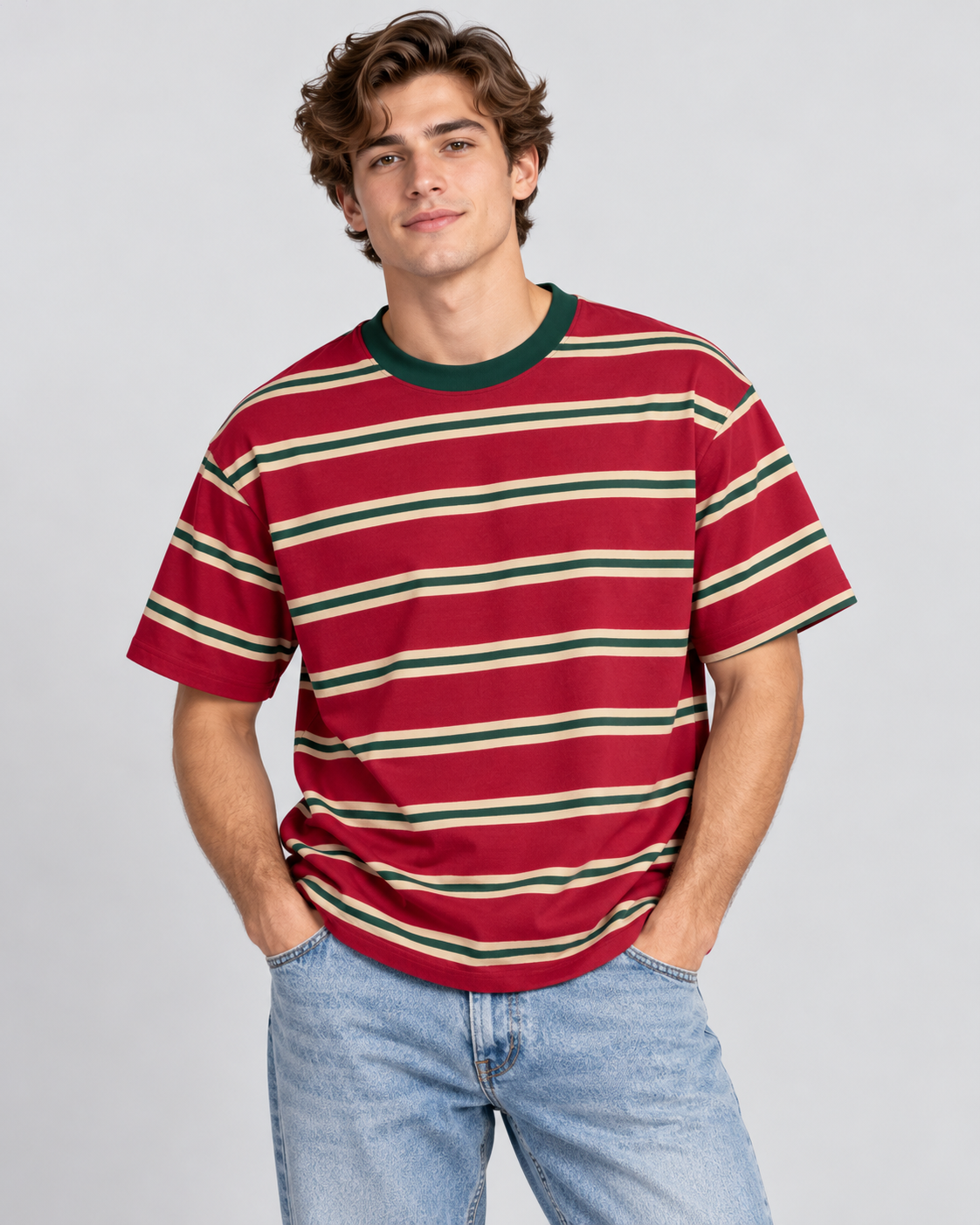 TheRetroTee Classic Holiday Stripe Christmas Eco Oversized Striped Ringer T-Shirt