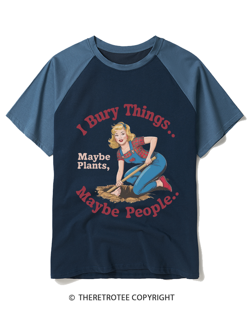 TheRetroTee I Bury Things 1970s Raglan Baseball T-Shirt