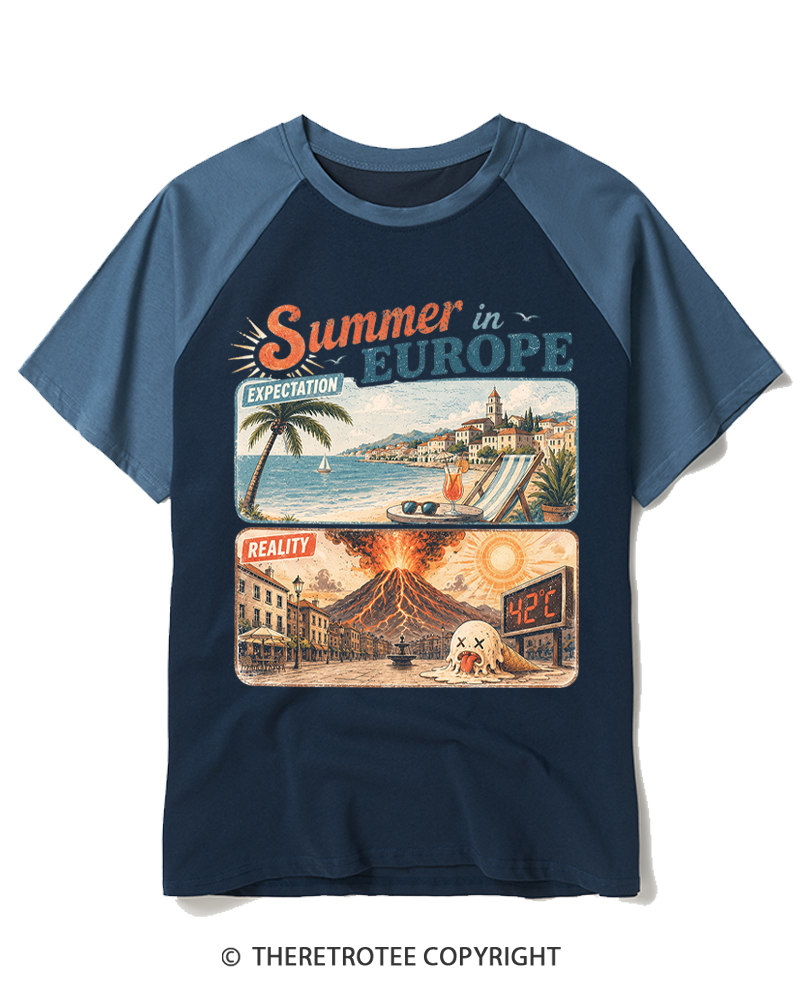 TheRetroTee Summer in Europe Expectation vs Reality Raglan Baseball T-Shirt