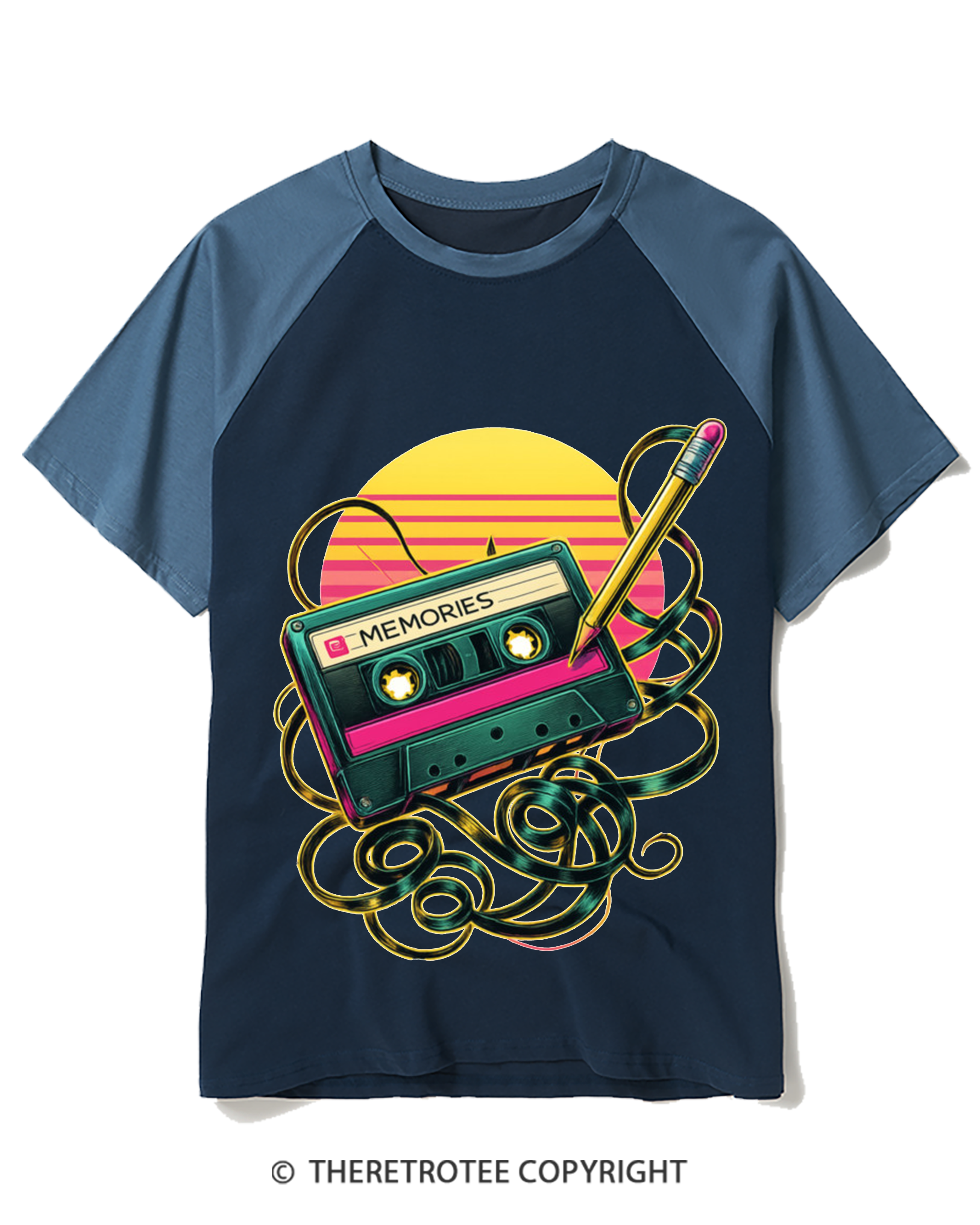 TheRetroTee Retro Cassette and Pencil Raglan Baseball T-Shirt