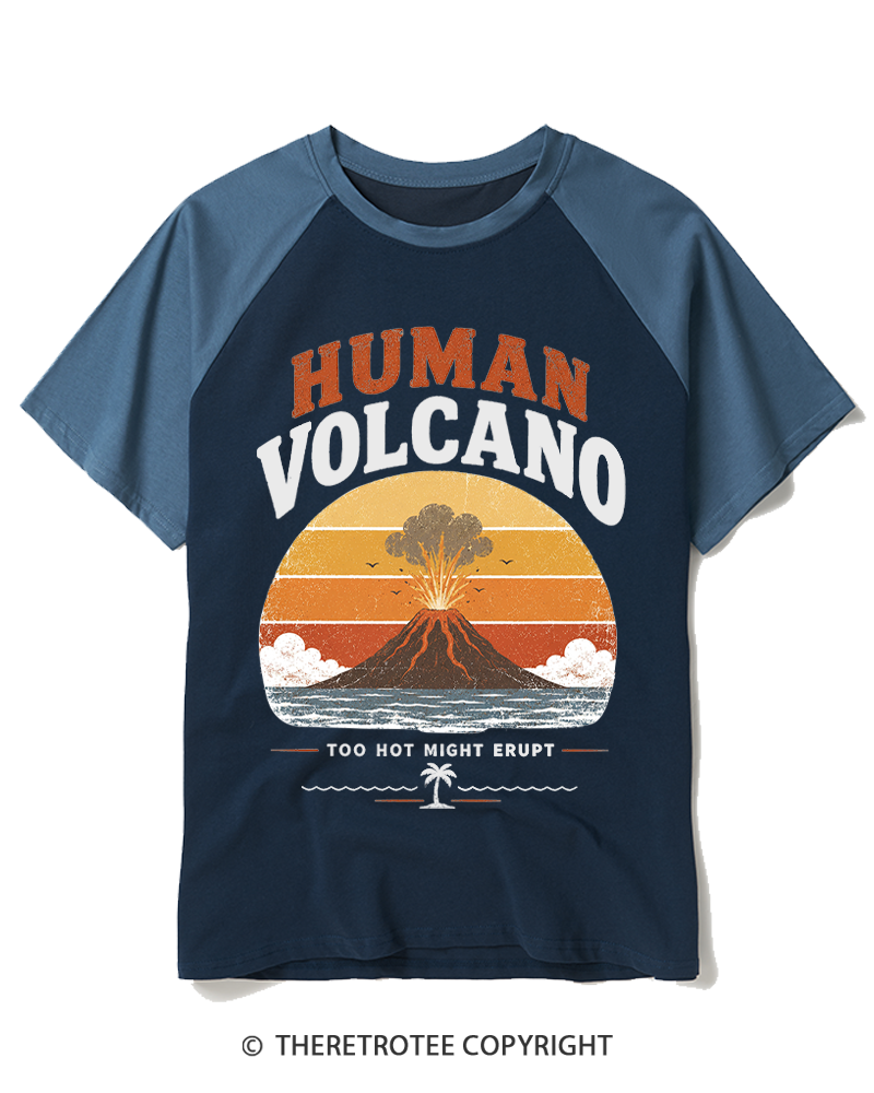 TheRetroTee Human Volcano 1970s Raglan Baseball T-Shirt