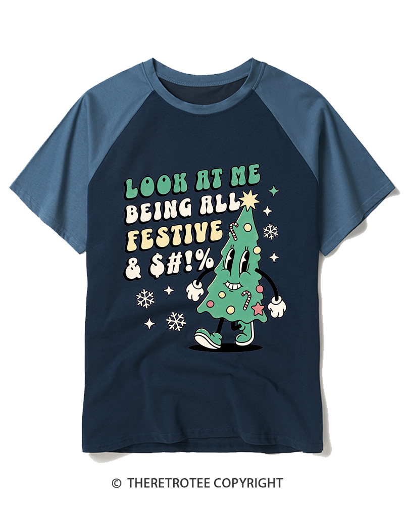 TheRetroTee Look At Me Being All Festive 1970s Raglan Baseball T-Shirt