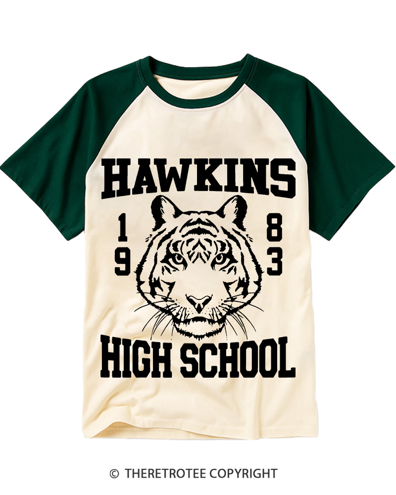 TheRetroTee Hawkins High Tiger 1980s Raglan Baseball T-Shirt