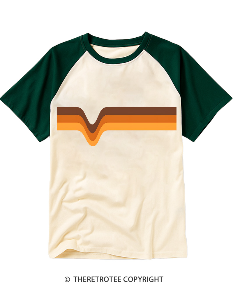 TheRetroTee 1970s Stripes Brown Orange Yellow Raglan Baseball T-Shirt