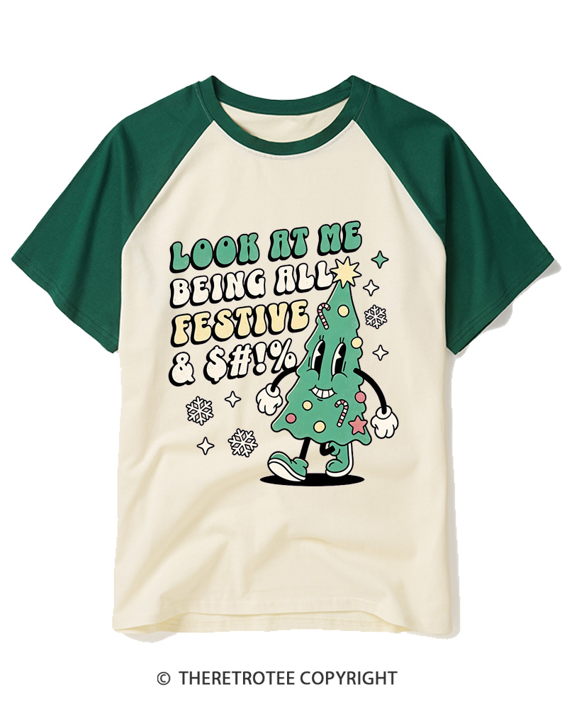 TheRetroTee Look At Me Being All Festive 1970s Raglan Baseball T-Shirt