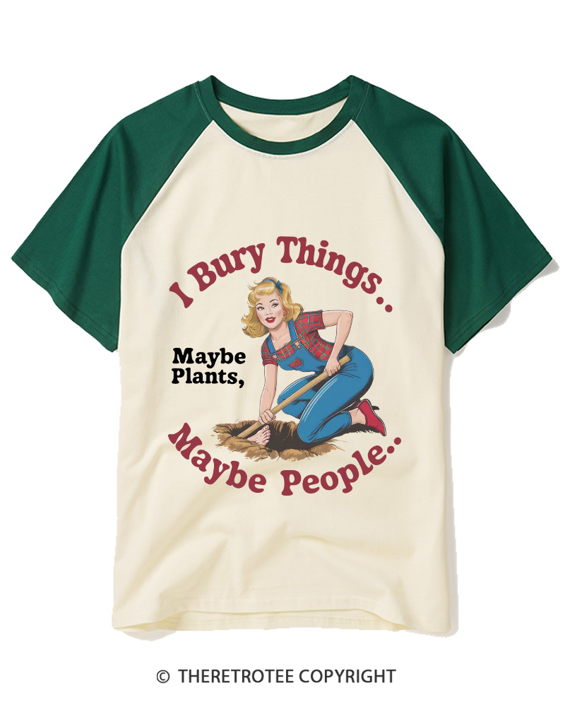 TheRetroTee I Bury Things 1970s Raglan Baseball T-Shirt