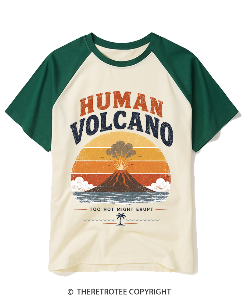TheRetroTee Human Volcano 1970s Raglan Baseball T-Shirt