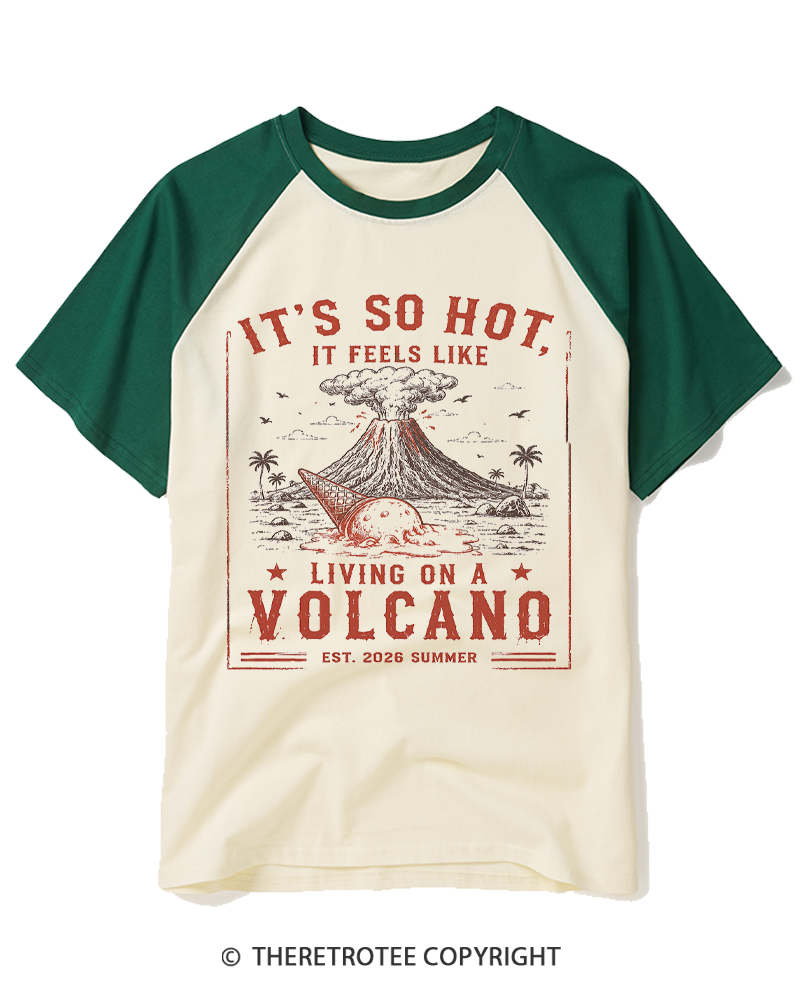 TheRetroTee It's So Hot Volcano Vintage Raglan Baseball T-Shirt