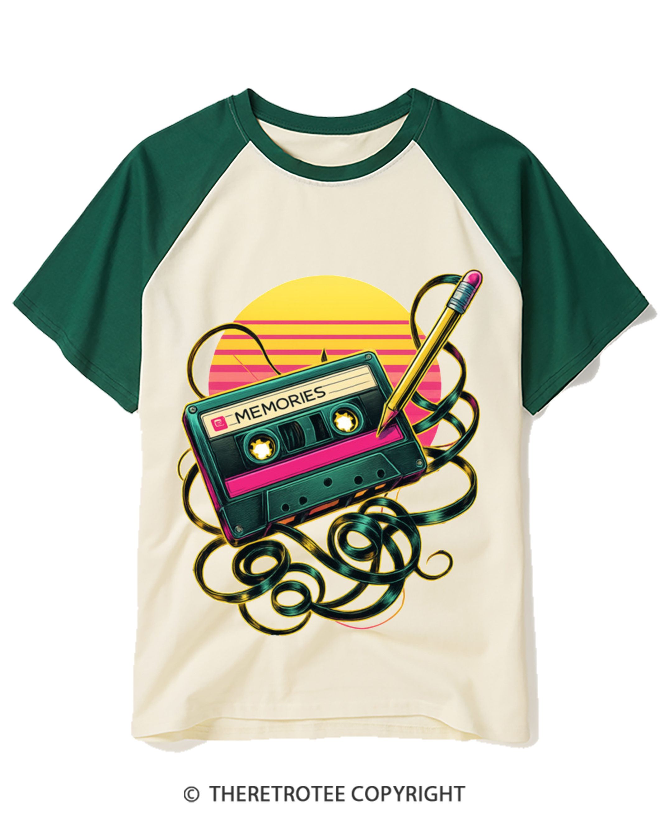 TheRetroTee Retro Cassette and Pencil Raglan Baseball T-Shirt