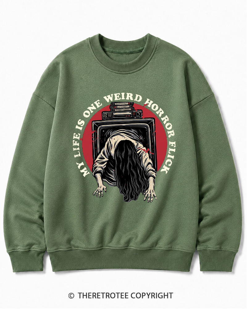 TheRetroTee My Life Is One Weird Horror Flick 1980s Halloween Cotton Sweatshirt