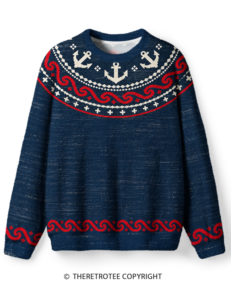 TheRetroTee Vintage 1970s Nautical Anchor Wave Sweater