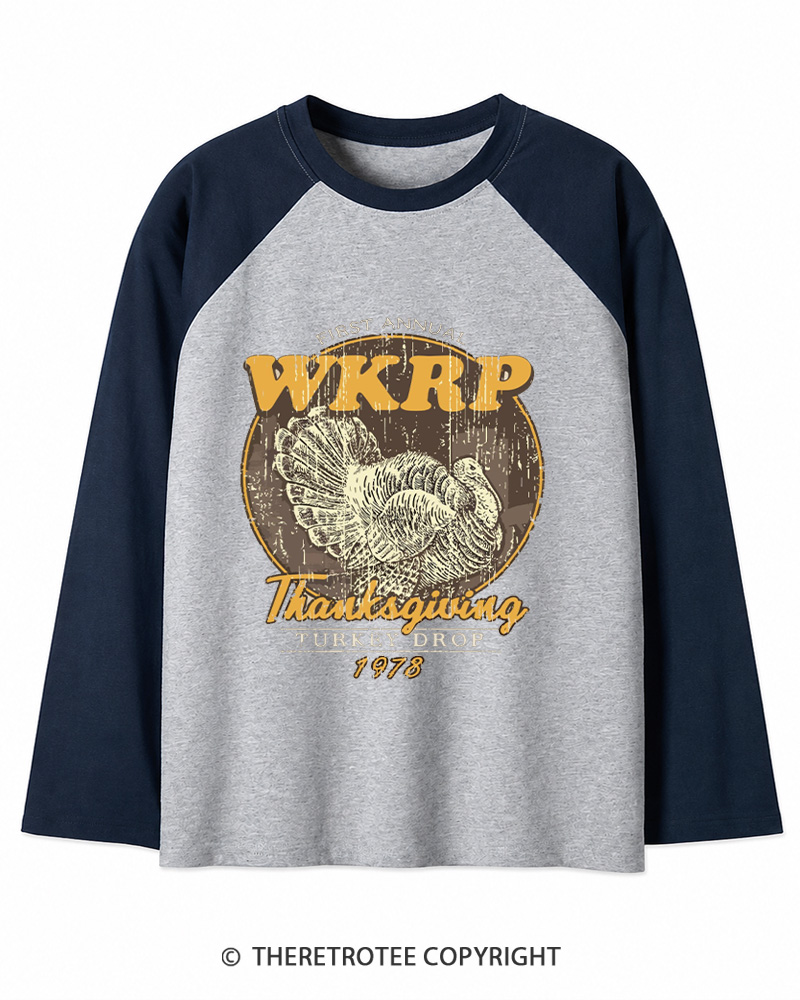 TheRetroTee First Annual WKRP Thanksgiving Turkey Drop 1970s Long Sleeve Raglan T-Shirt
